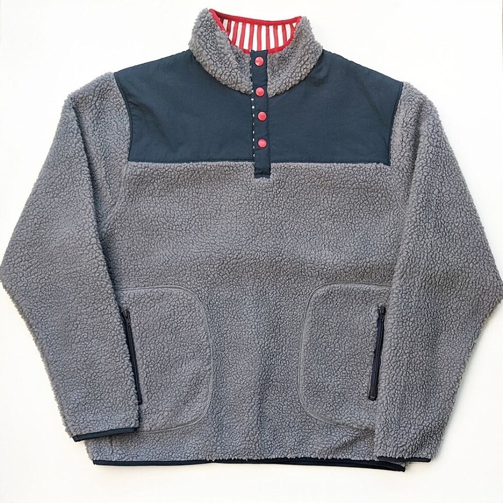 Southern Proper Old Glory Sherpa Fleece Mock Neck Pullover Sweater Large Gray